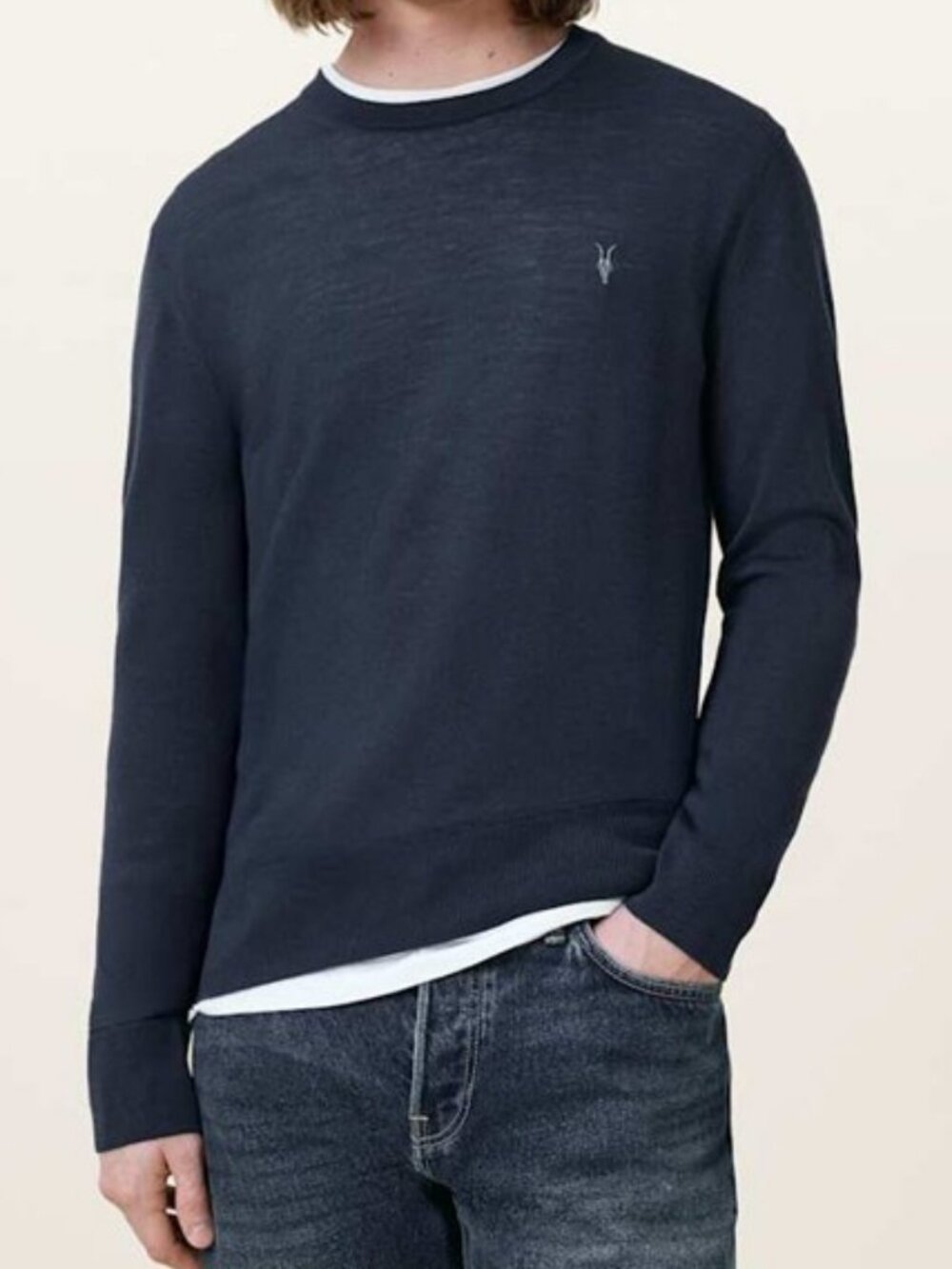 All Saints mode merino crew neck ramskull sweater navy blue men's size XL